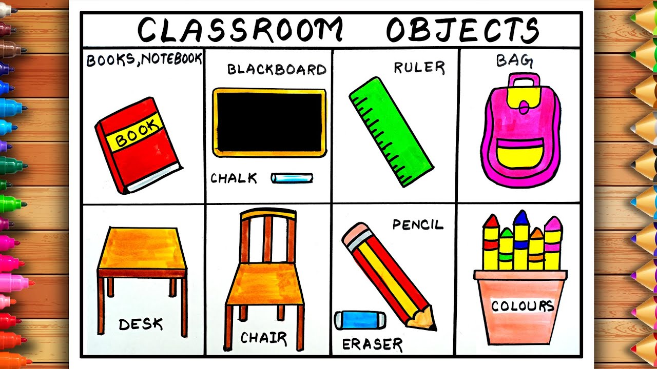 Easy Classroom Objects Drawing | Objects in the Classroom Drawing | School Supplies Drawing