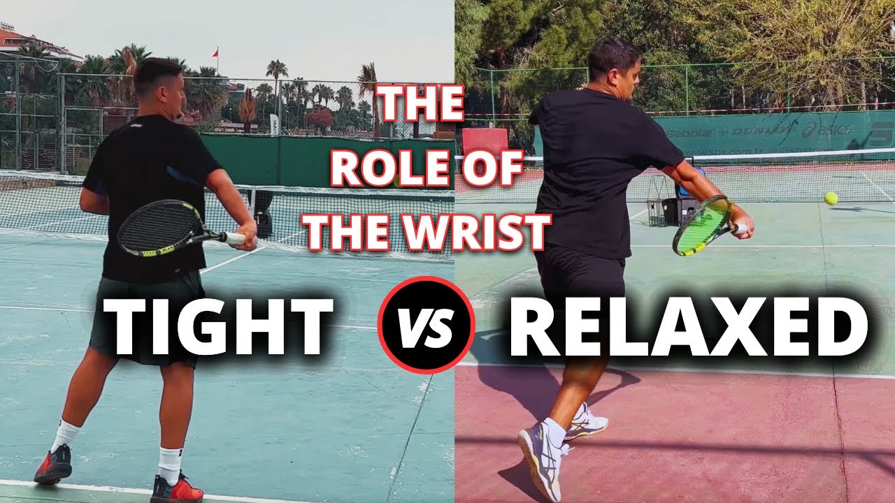 Coach Simon Konov explaining relaxed wrist versus tight wrist on the forehand — watch on YouTube