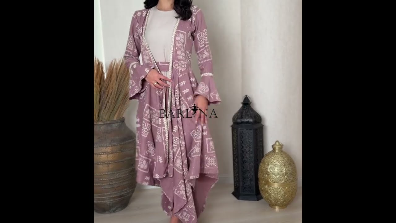 Purple jalabiya with patterns and a slanted hem - XXL