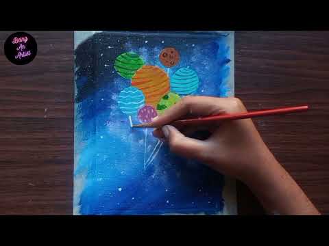 Daily challenge #28 / planet balloons in galaxy painting / acrylic painting