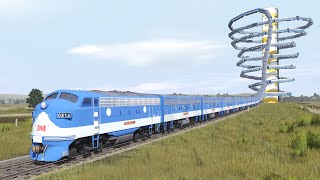 Very Long Blue Train Climb to High Yellow Tank and Land into Railroad - Train Simulator