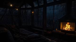 A Peaceful Evening with Rain and Fireplace | Relaxing Cabin Ambience at Night