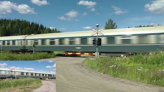 Regional train H494 passes Kurenpolvi level crossing with Dv12 and blue coaches
