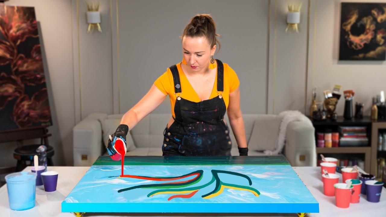 Easy AUTUMN TREE Painting 🍂🍃 HUGE Canvas ~ Vibrant Abstract Fall Foliage Tree ~ Fluid Art Dutch Pour