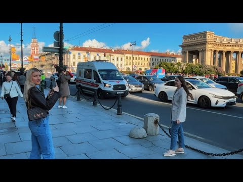 St Petersburg, Russia on The First Friday Chilly Summer Night 2023. Walk in The City. 4K 60fps