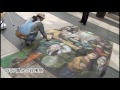 チョークアートの松本かなこさん、芸術劇場歩道で、イタリア農民の収穫祭絵画、制作１５時間