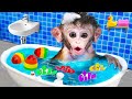 Monkey Baby Bon Bon opens surprise colorful eggs nemo fish with ducklings at the pool | Kudo maymun