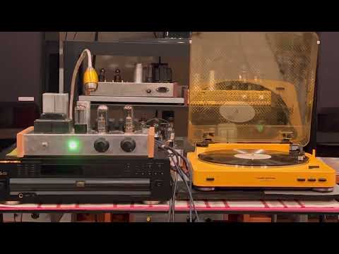 DIY 6c4/6v6 tube preamp 膽前級with 7027A tube power amp 膽後級playing vinyl female vocal 黑膠唱片女聲..