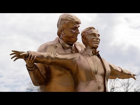 Video Thumbnail: Trump and Epstein statue in Titanic pose appears in Washington
