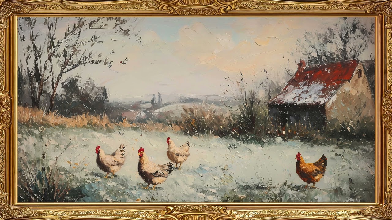 Winter Chickens Frame TV Art Vintage Painting Screensaver Framed 4K HD Wallpaper Country Slideshow