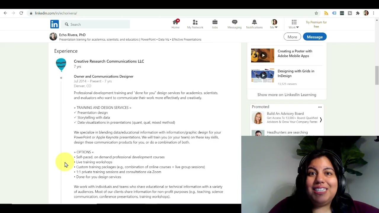 LinkedIn Profile Example Experience Section from Echo Rivera PhD