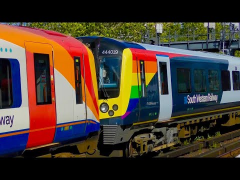 SWR Pride 444019 + 444045 In Old SWT Colours Departs Portsmouth Harbour For London Waterloo
