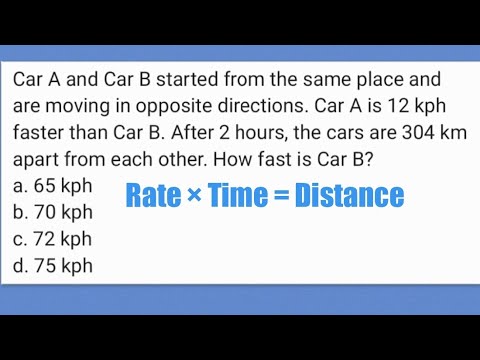 RATE TIME DISTANCE: Car A and Car B moving opposite directions. A is 12 kph faster than B