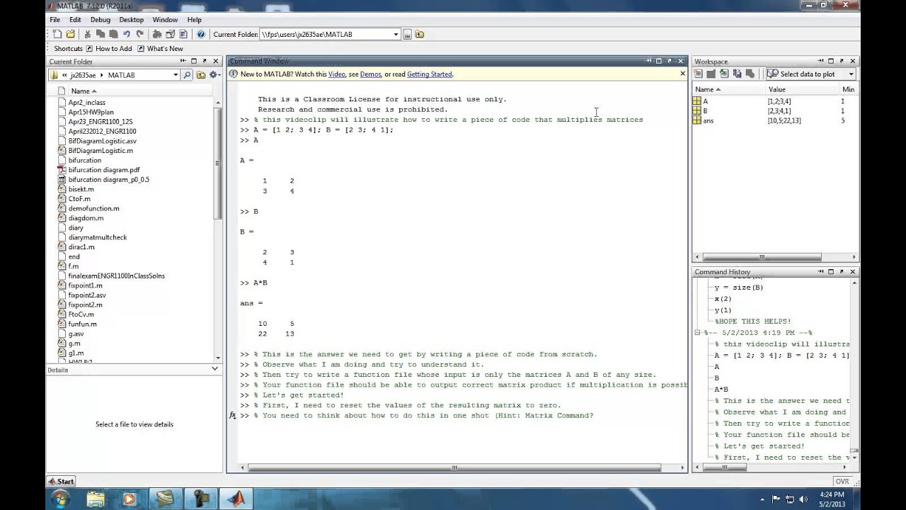 Matrix Multiplication Code from scratch using MATLAB