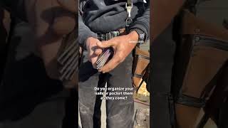 SLT bag with side by side outer bags with built in stick nail sheath. Akribisleather.com #toolbelt