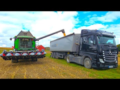 Deutz-Fahr C 9206 TS Harvester bei Körnermais dreschen mit Mercedes Benz 1848 Actros für Abtransport