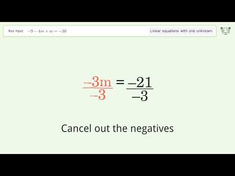 Linear equation with one unknown: Solve -9-4m+m=-30 step-by-step solution