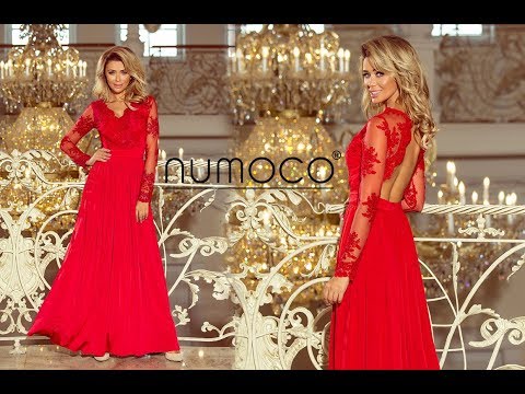 213-3 ARATI long dress with embroidered neckline and long sleeves - red color - wholesale numoco