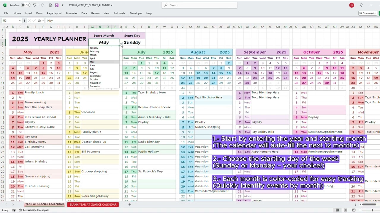 2026 Calendar Template in Excel & Google Sheets | Year-at-a-Glance Auto Update