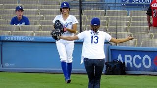 Stana Katic Throws First Pitch Warmups at Dodgers