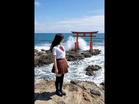 海上の鳥居と制服姿の少女