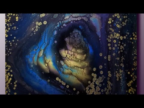 Midnight Magic!  24x24  Beautiful Straight Pour with Floating GoldenCells on a Blue & Violet cloud!