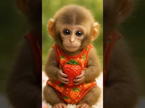 Un bébé singe mignon mange une fraise géante | moments animaliers adorables