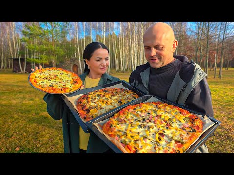 DELICIOUS HOMEMADE PIZZA 🍕 Cooked in a coal-fired oven surrounded by nature and animals! 🌲