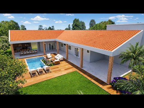 174c | L-shaped Country House with Pool and Gourmet Area | Realistic 3D Model