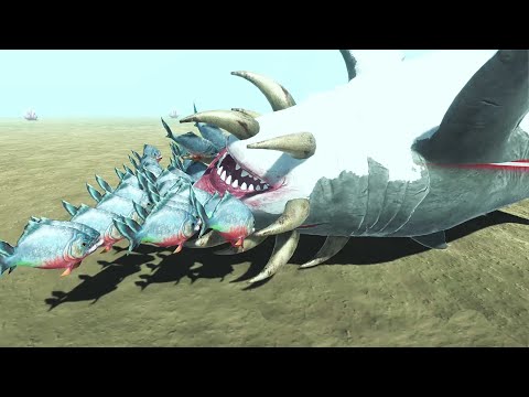 DEATH TRAP- PIRANHA ARMY VS MUTANT MAGALODON,T-REX, Mosasaurus. Animal Revolt Battle Simulator| ARBS