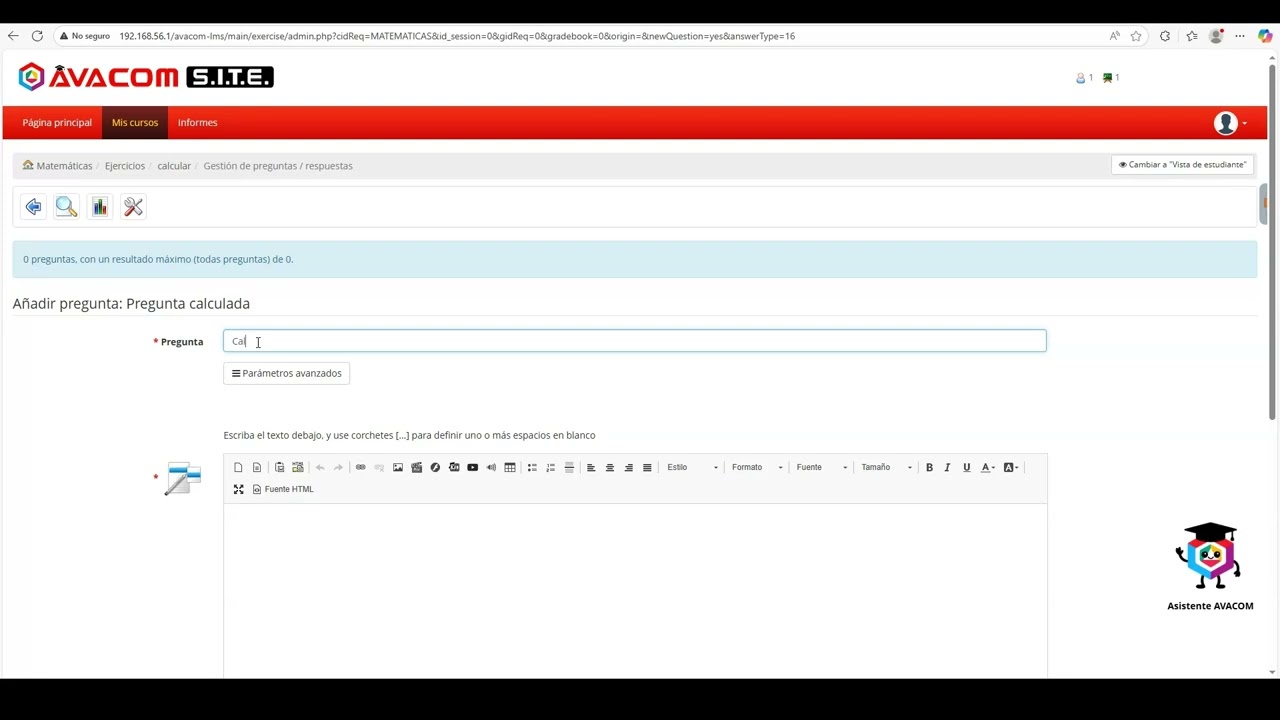 4.3.8. Crear ejercicio con opción de pregunta calculada en la plataforma AVACOM SITE - Quindío