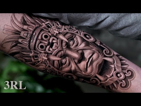 BLACK and GREY AZTEC HEADDRESS TATTOO | timelapse