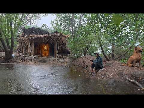 EXTREME SURVIVAL IN THUNDERSTORM CAMPING CATCH & COOK WITH MY LOYAL DOG | 4K ASMR RELAXING!