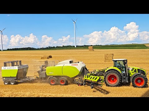CLAAS 950 Axion Monster Zug presst Stroh mit Kammschwader R90 + Quadrant 5300 FC & QUADRO PAC V 2024