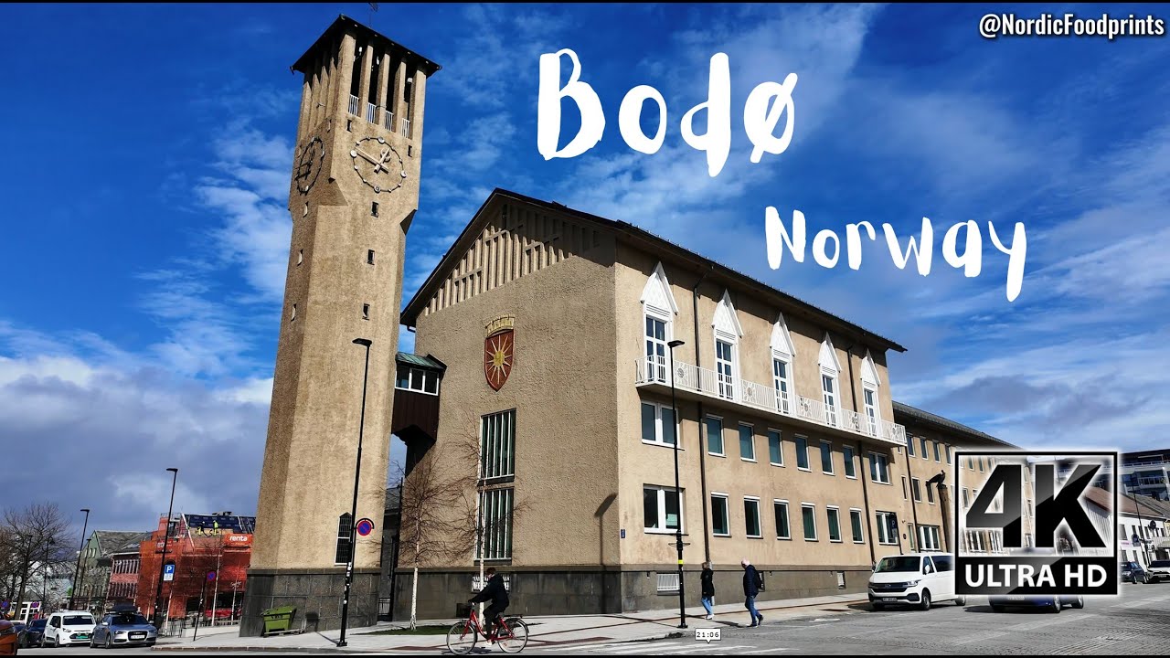 Immersive street-level walking tour through Bodo City, Norway, showcasing authentic urban landscapes, local architecture, and the vibrant atmosphere of the city's neighborhoods