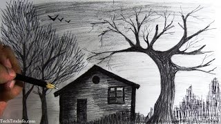 How to draw a scenery house in forest step by step