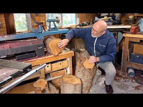 Richard Raffan converts pear logs to roughed bowls.