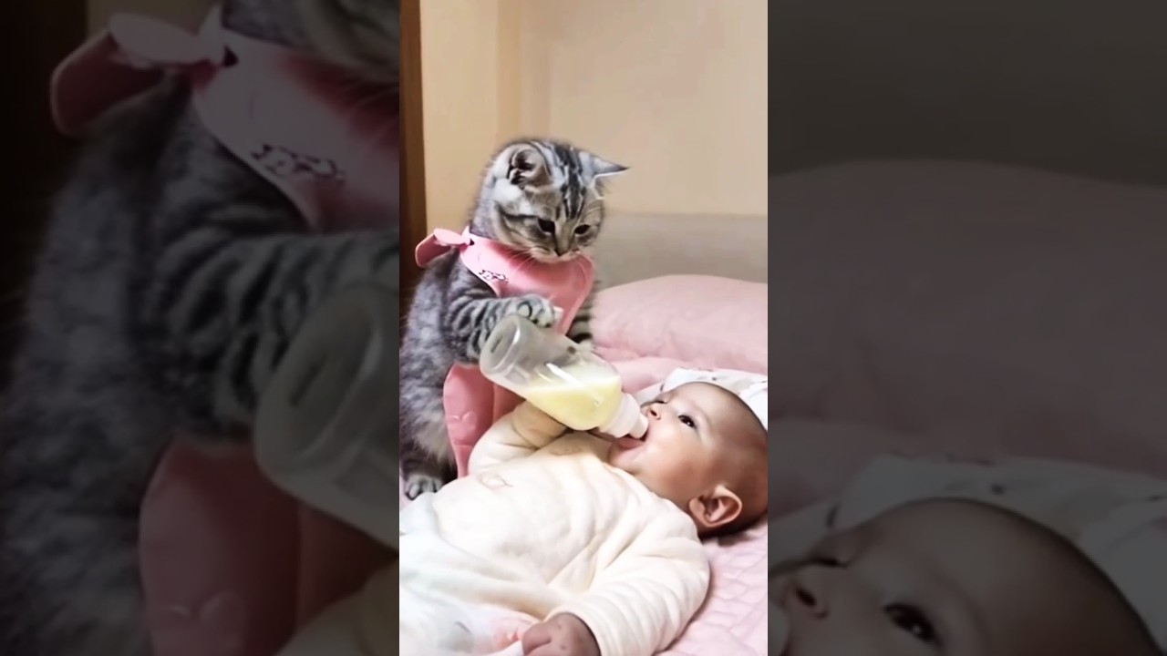 A baby is crying and feeding the cat