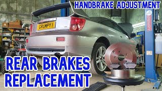 Toyota Celica 2005 VVTLI GT Rear brake pads and discs replacement and hand brake adjustment.