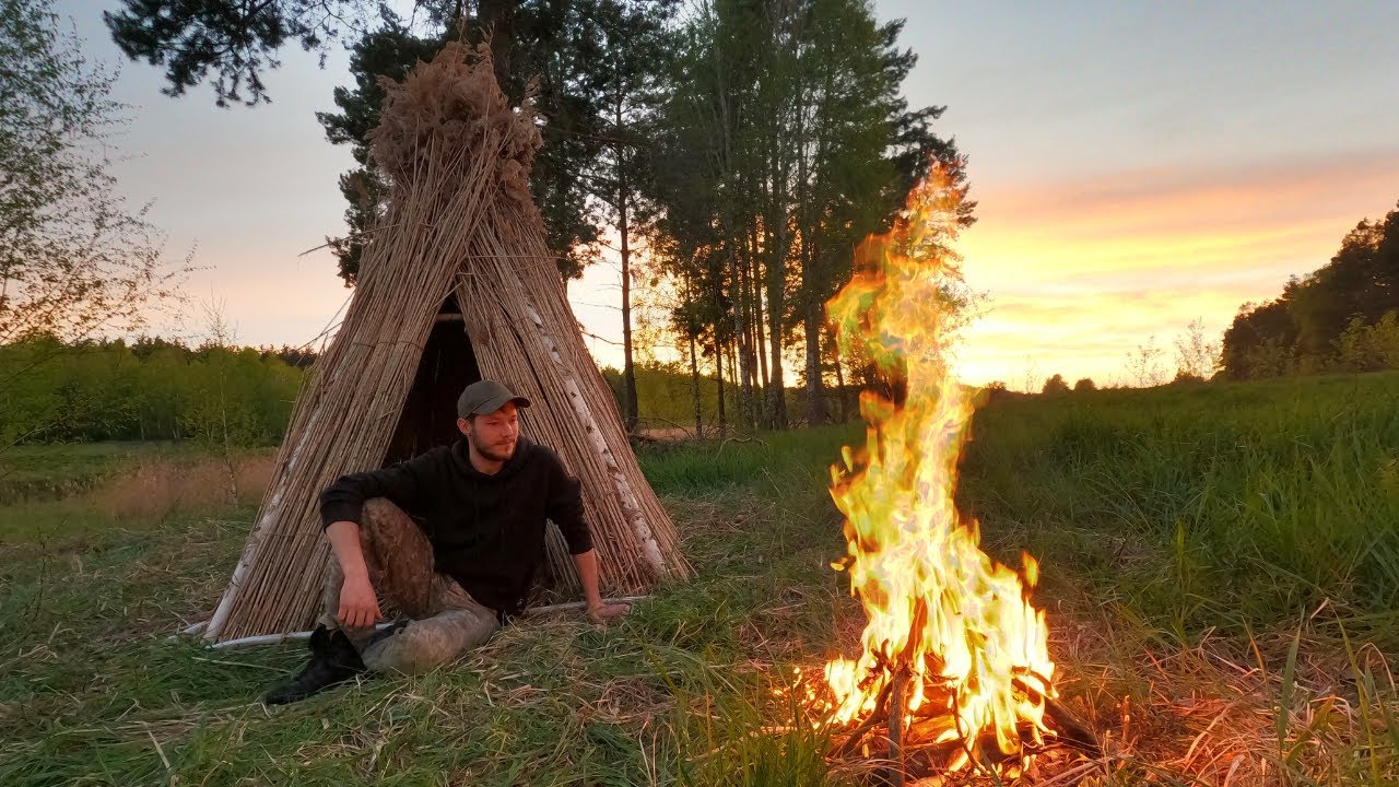 Building a reed survival shelter | Bushcraft \u0026 Campfire grilled snails, Catch and cook