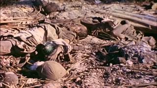 Group of natives and children in foxhole, sunken Japanese barges and corpse durin...HD Stock Footage