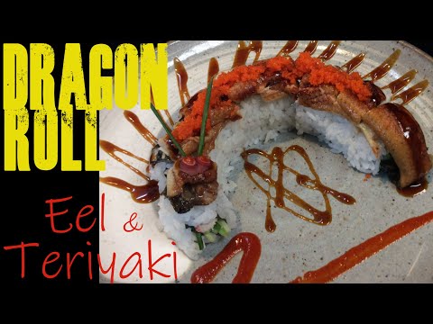 Dragon roll (sushi roll of eel, snowcrab, masago, teri-sauce etc.) 米国発・ドラゴンロールの作り方