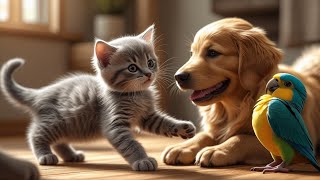 Kitten’s Adorable Playtime with Unusual Pet Friends 🐱🐰🐦🐢