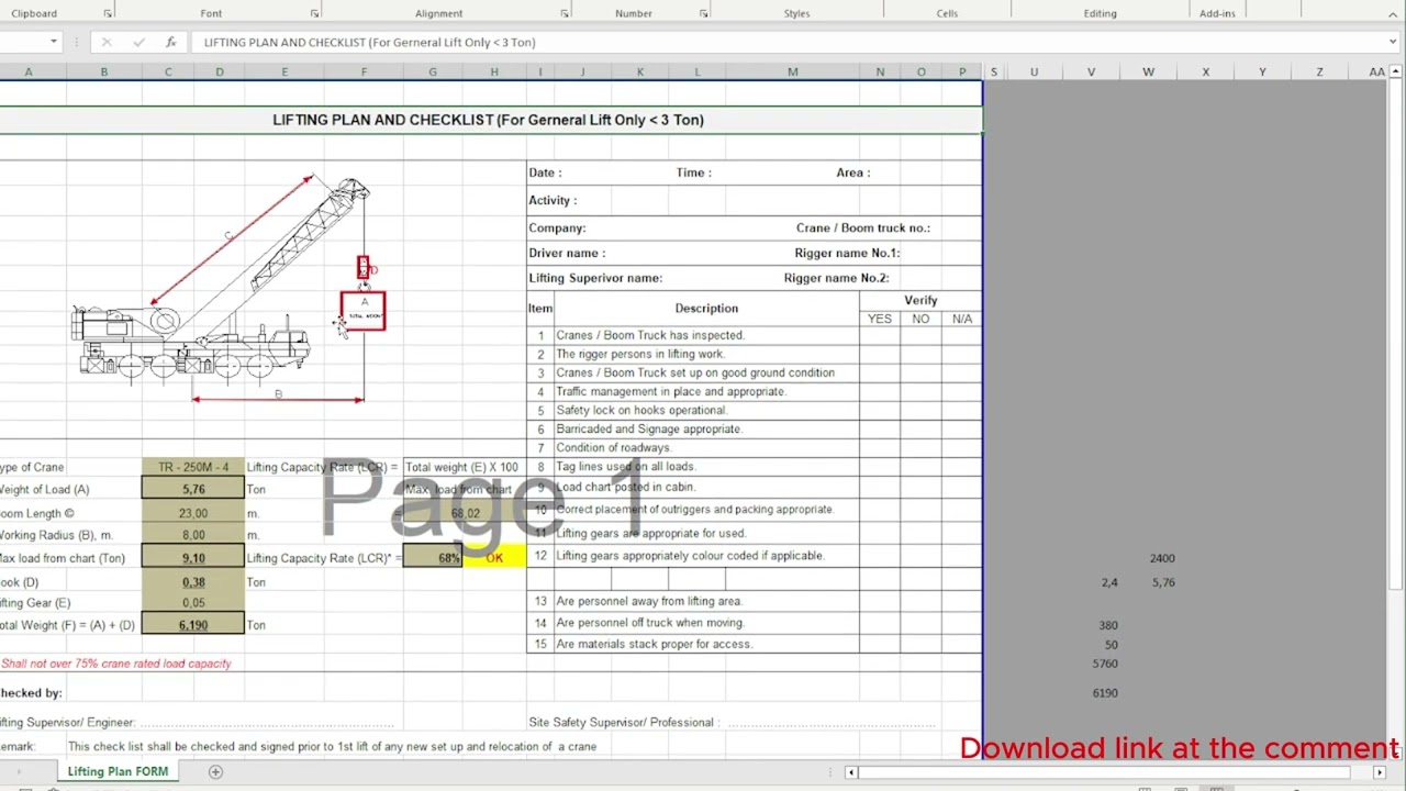 Excel Template - Lifting Plan calculation and check list