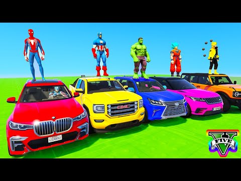 SPIDERMAN CARS Monster Trucks Mega WINDMILL Ramp Challenge ! SUPERHERO GOKU JEEP Stunts - GTA V Mods