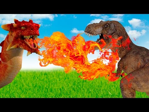 Dinosaurs - Tyrannosaurus T-rex and Spinosaurus VS fire-breathing Dragon. Dinosaur for kids