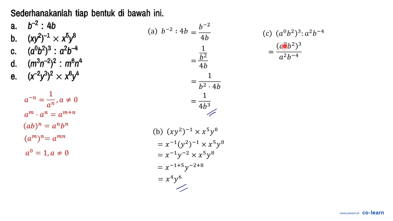 Simplify each of the following forms.
a. b^(-2) : 4b 
b. (xy^2)^(-1) x x^5 y^8 
c. (a^0 b^2)^...