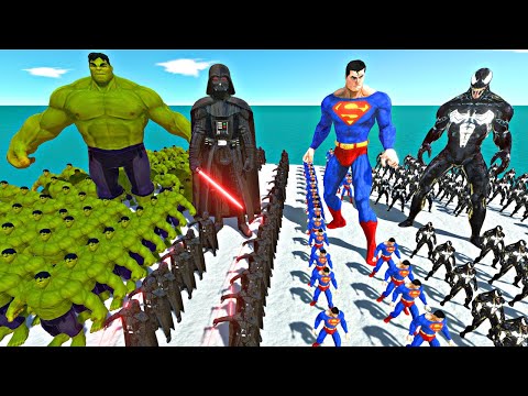 Hulk Team vs Superman Team vs Darth Vader Team vs Venom Team - Animal Revolt Battle Simulator