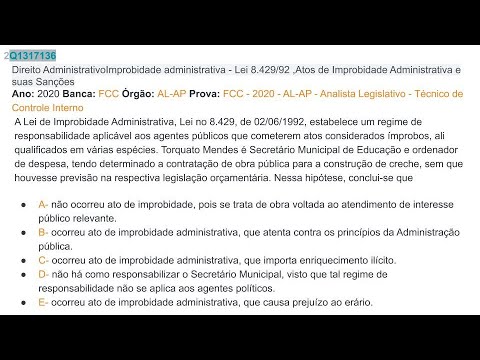 864 - DIREITO ADMINISTRATIVO Prova: FCC  2020 - AL-AP Analista Legislativo Técnico de Controle
