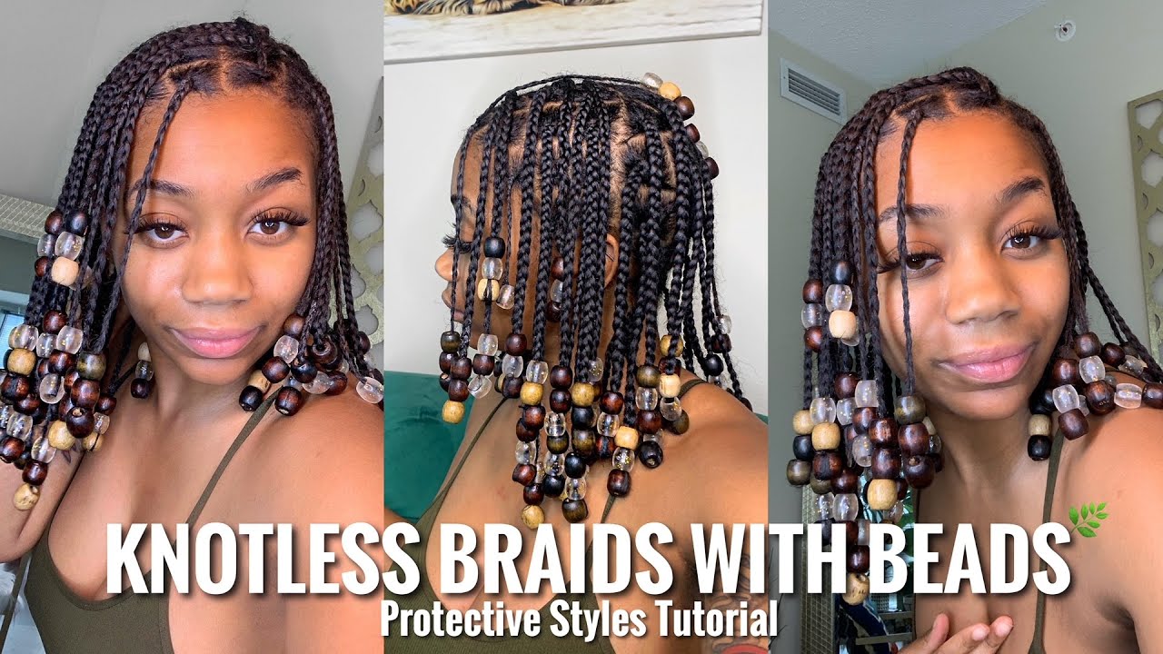NATURAL KNOTLESS BRAIDS WITH BEADS HAIRSTYLE *no added hair* | Makiya Banks